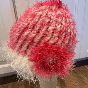 Pink & white metallic fuzzy plush fringe knit winter beanie hat OS